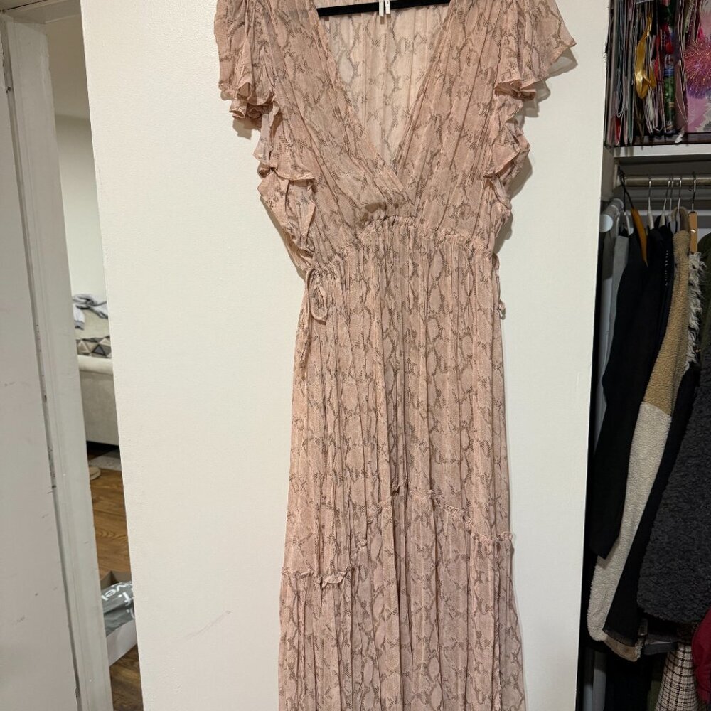 🌸 Anthropologie V-Neck Flutter-Sleeve Tiered Midi Dress – Pink Snakeskin Print - Picture 8 of 15